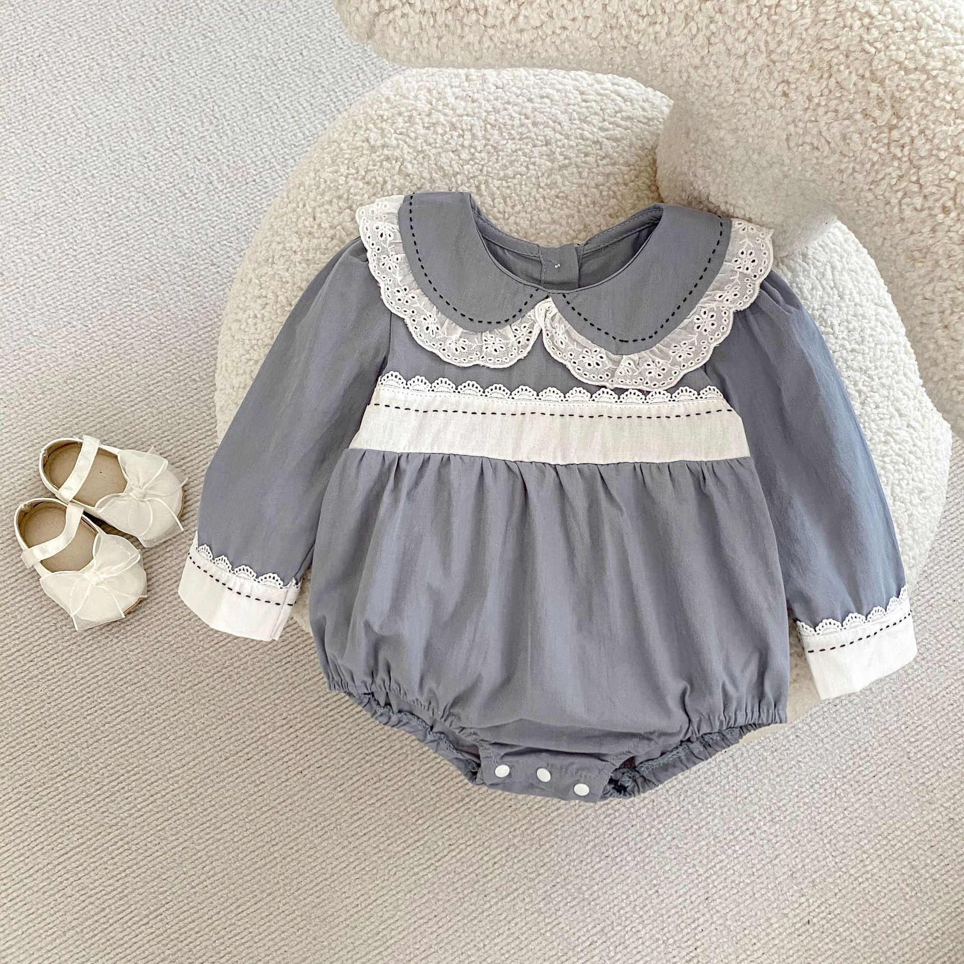 INS 2024 Herbst Baumwolle Klasse A Schwestern Mädchen Baby Spitze Puppe Hals Langarm Furz Gewickelt Romper + Rock_voghion.com