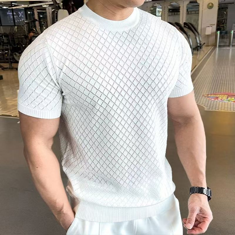 新款镂空冰丝针织短袖男士运动健身显肌肉可外穿针织打底衫半袖|undefined