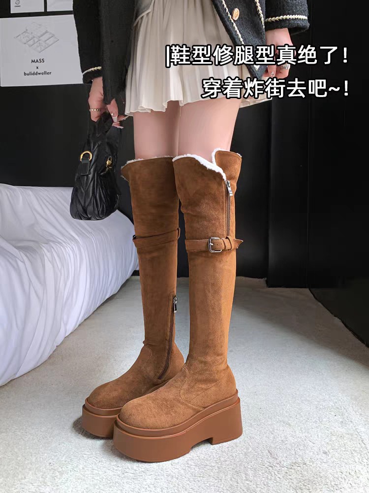 732断码特价靴子美拉德风厚底女鞋冬季加绒加厚新款过膝长筒靴