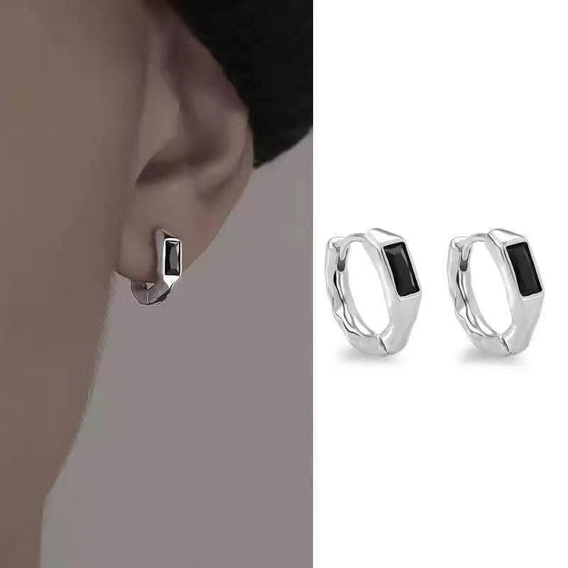 Japanese and Korean 925 Silver Earrings Men's Punk Style Stylish Trendy Design Black Zircon Geometric Earrings Ear Buckles