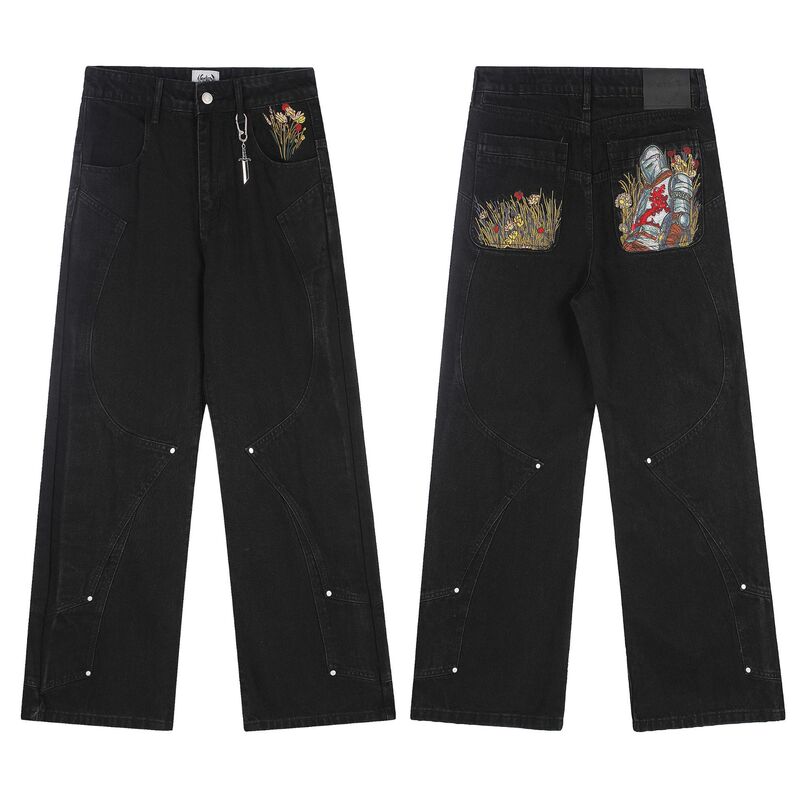 Cross-Border Vescartes Heavy-Duty Skull Embroidery Jeans American Retro Loose Wide-Leg Pants Unisex