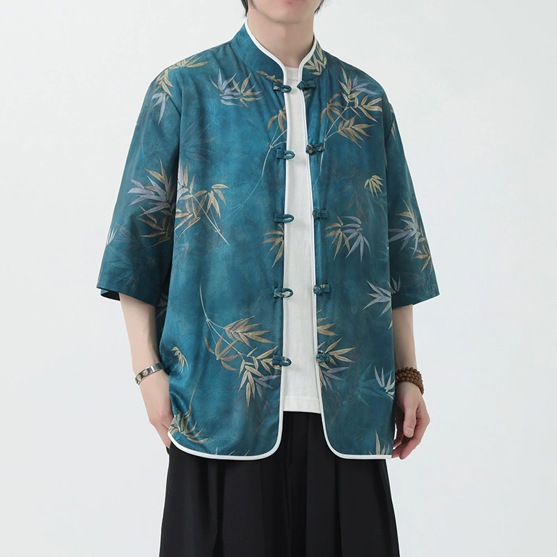 2024 летний новый китайский стиль мужской одежды тренд ледяной шелк с принтом Tang новый китайский стиль большой размер рубашки с короткими рукавами мужской