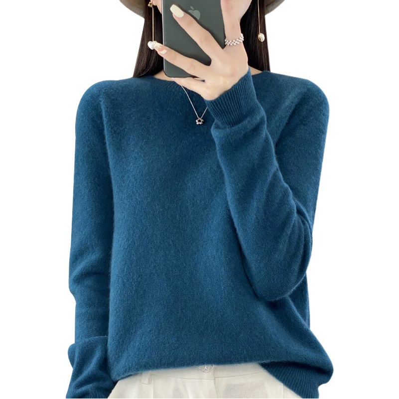 Женская готовая одежда первой линии с круглым вырезом 100 полностью шерстяной вязаный Повседневный тонкий вид Новое поступление Универсальный легкий роскошный топ для весны, осени и зимы