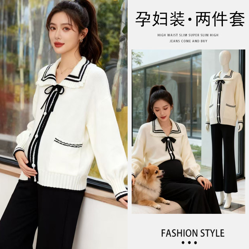 Now_ Maternity Wear Preppy Style Cute Navy Collar Loose Slimming Look Knitted Sweater Cardigan + Cashmere Belly Support Pants Suit