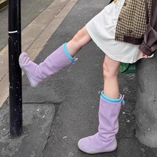 小众设计紫色长筒靴女2024秋冬新款防滑保暖雪地靴圆头高筒骑士靴