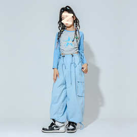 女童春秋新款嘻哈街舞潮服爵士舞T台走秀多巴胺演出服套装两件套