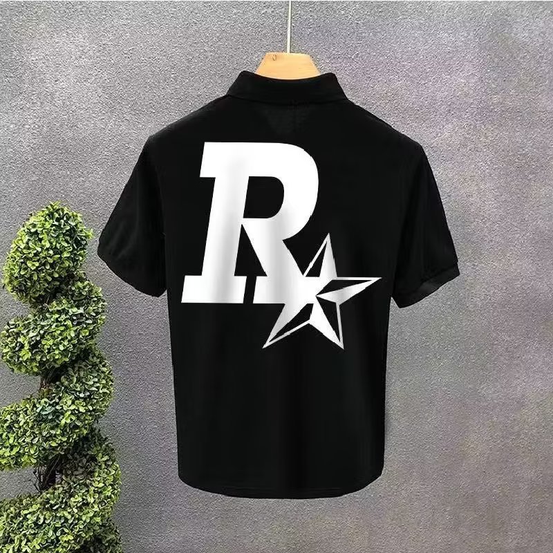 Verano 2023 camisa de Polo para hombre verano estampado de estrellas suelta estilo Hong Kong versátil estudiante casual cuello redondo camisa de manga corta blanco