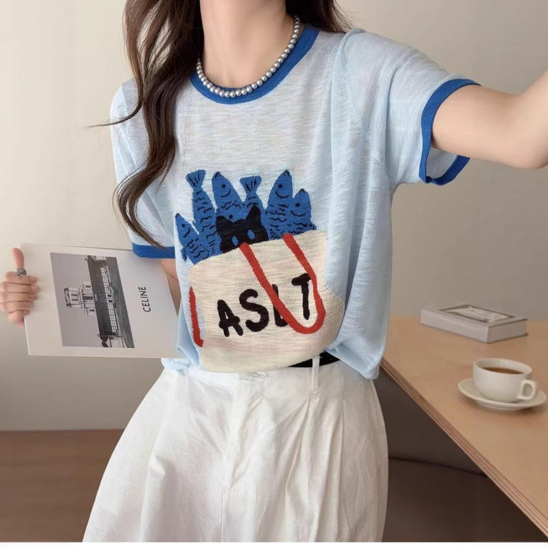 This Year's Popular Cartoon Letter Printed Bamboo Cotton Short-Sleeved T-Shirt Summer Women's Loose Age-Reducing Round Neck Knitwear