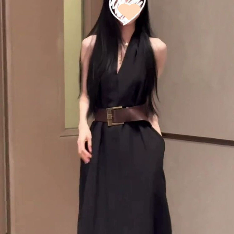 Черное платье-миди с воротником-стойкой, без рукавов, элегантное, летнее, новое, утягивающее, длинная юбка, премиум-класса 2025 года.