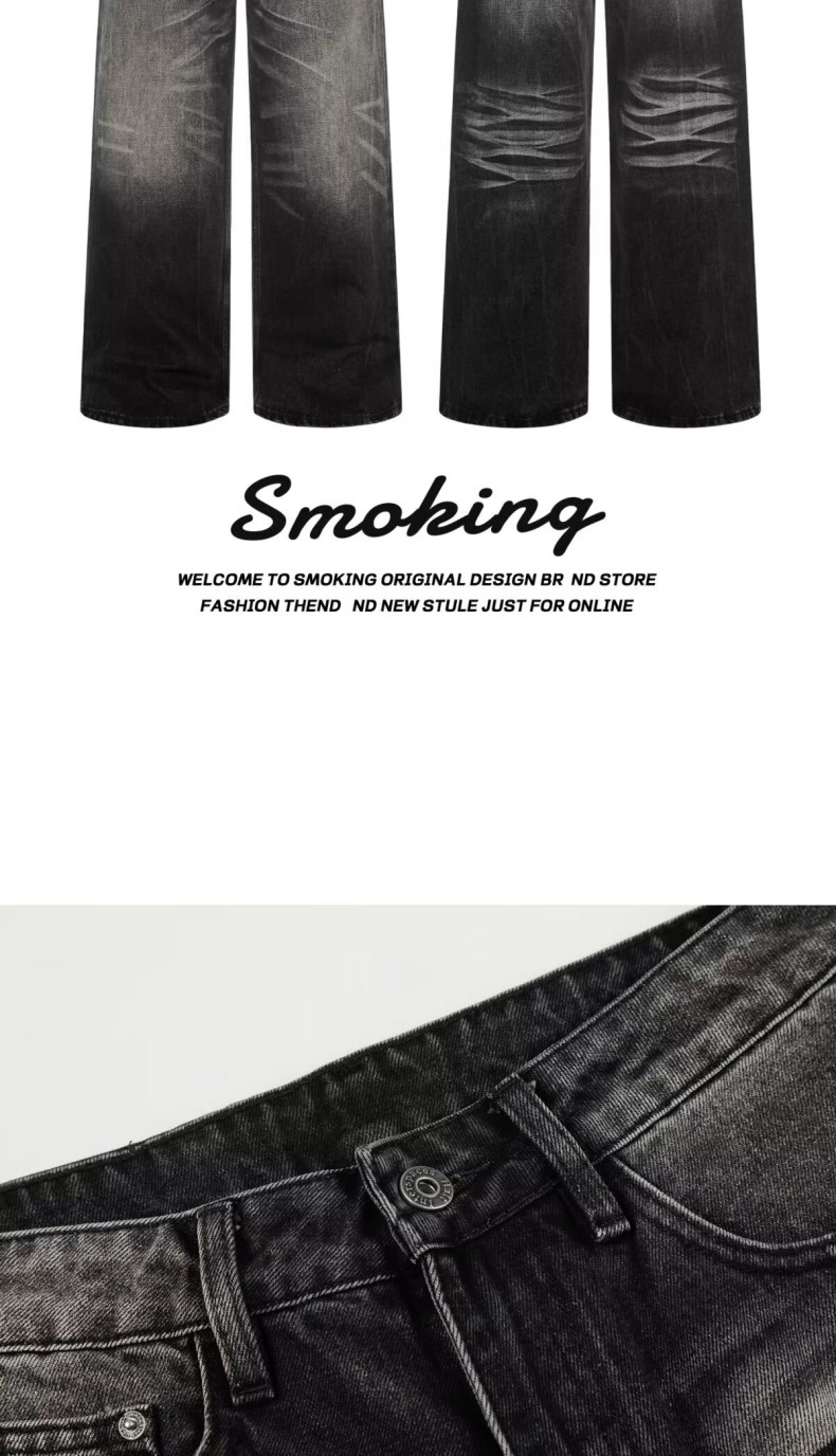 Cleanfit Heavyweight Whisker Print Jeans Retro Style For Men And Women Loose Fitting Straight Leg Wide Leg Casual Pants_mkmklike.com