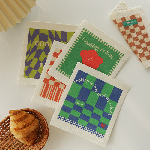 Kitchen creative water-absorbent cleaning dishcloth Printed simple thickened wood pulp cotton bamboo fiber rag