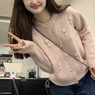 Korean Style Spring and Autumn New Three-dimensional Flower Knitted Cardigan Women's Sweet and Gentle Style Short Soft Waxy All-match Solid Color Sweater