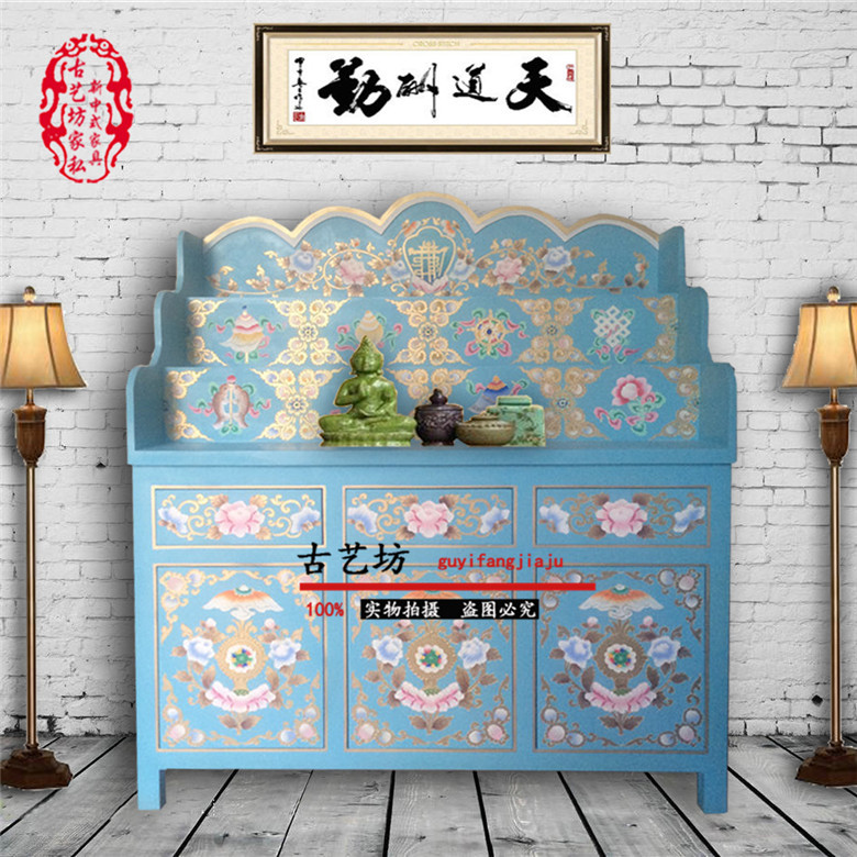 Three-Layer Xizang-Style Buddhist Shrine Table, Solid Wood Painted Buddhist Hall, Buddhist Cabinet, Xizang Eight-Treasure Stereo Buddhist Shrine