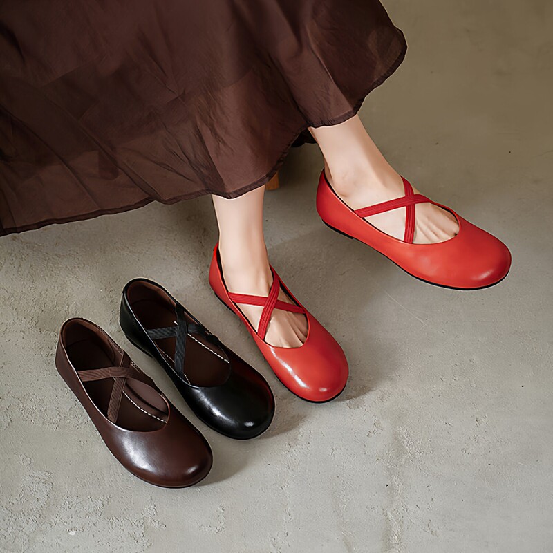 First-Layer Cowhide Shallow-Mouthed Single Shoes for Women, Retro Round-Toe Flat-Soled Loafers, Comfortable Soft-Soled Cross-Strap Ballet Shoes First-Layer Cowhide Shallow-Mouthed Single Shoes for Women, Retro Round-Toe Flat-Soled Loafers, Comfortable Soft-Soled Cross-Strap Ballet Shoes