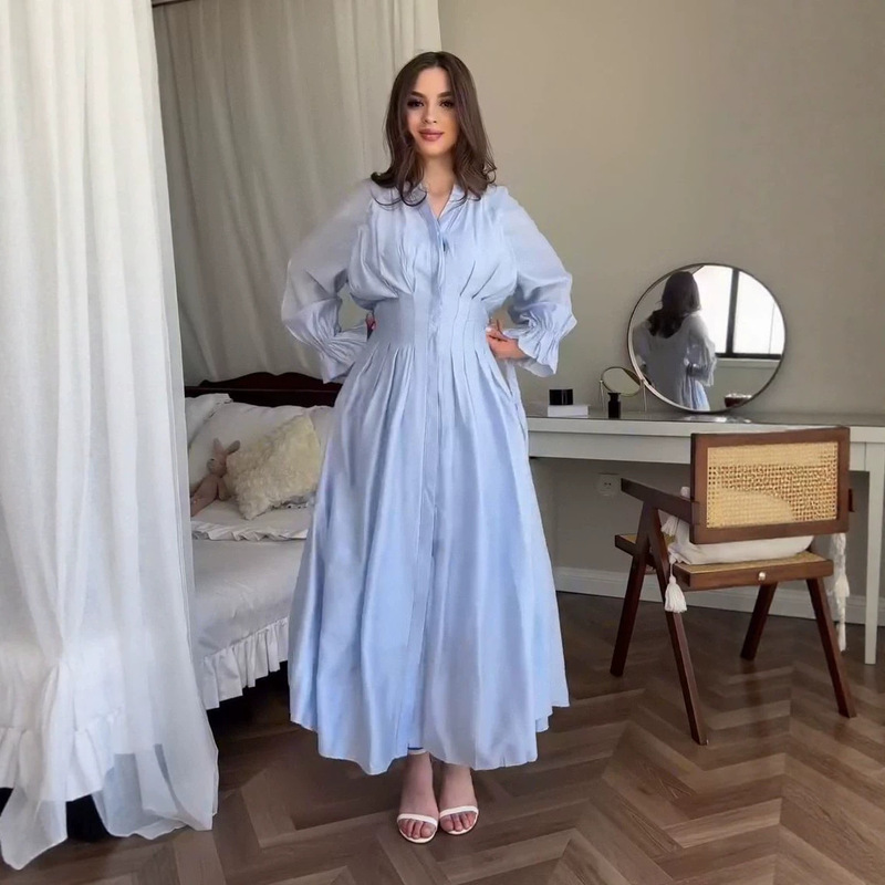 European and American Amazon Women's Clothing 2026 New Style Loose Lantern Long-Sleeve Smooth and Soft Drapey Waist-Cinching Solid Color Dress