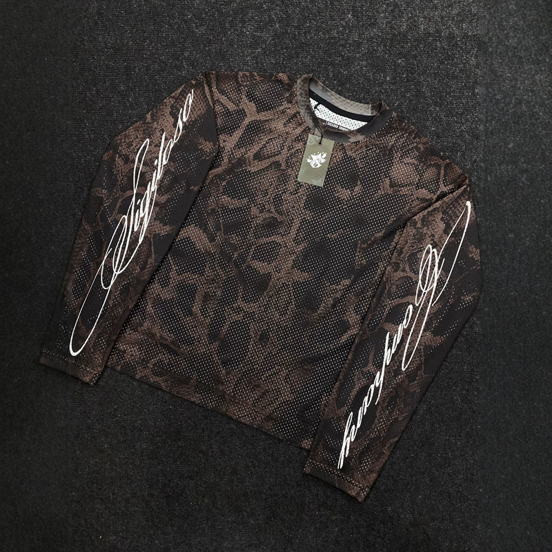 Hot Girl Style Gray and White Snake Print All-Over Mesh Long-Sleeve Top with Large Red Floral Signature Print on Both Sides, Quick-Dry Breathable Round Neck Top