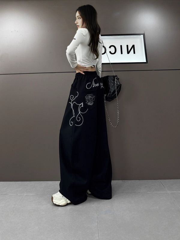亚马逊跨境女装新重工刺绣千禧玫瑰时尚气质宽松显瘦休闲阔腿裤|undefined