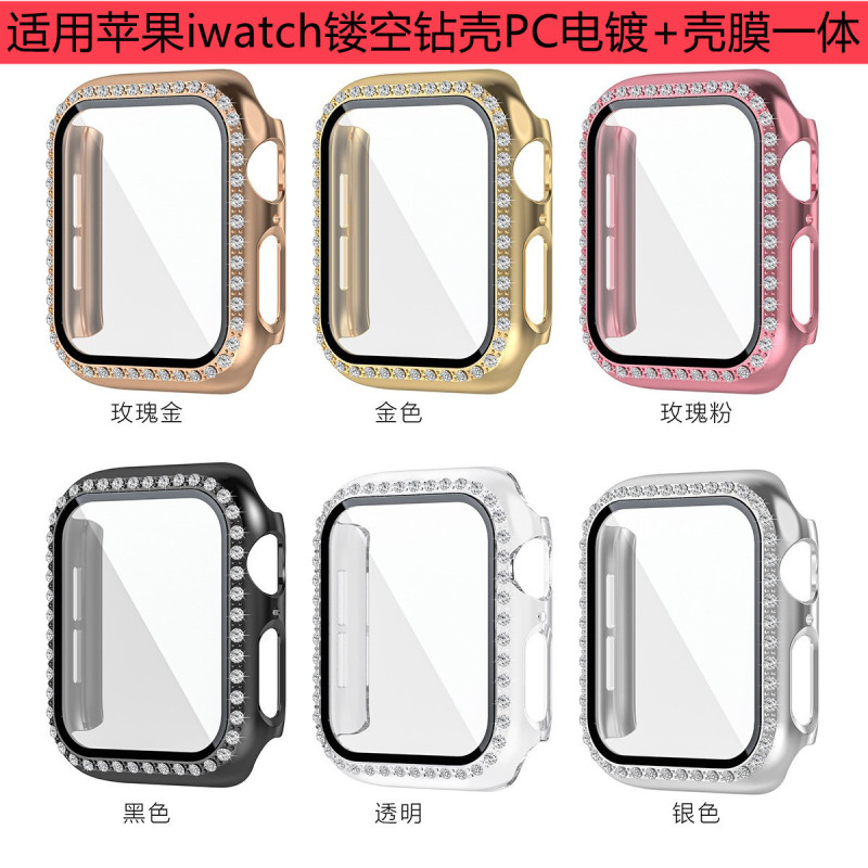 Suitable for Apple Watch Apple11 Protective Case Pc Electroplated Double Diamond Integrated Tempered Film Iwach10 Diamond-Encrusted Watch Case