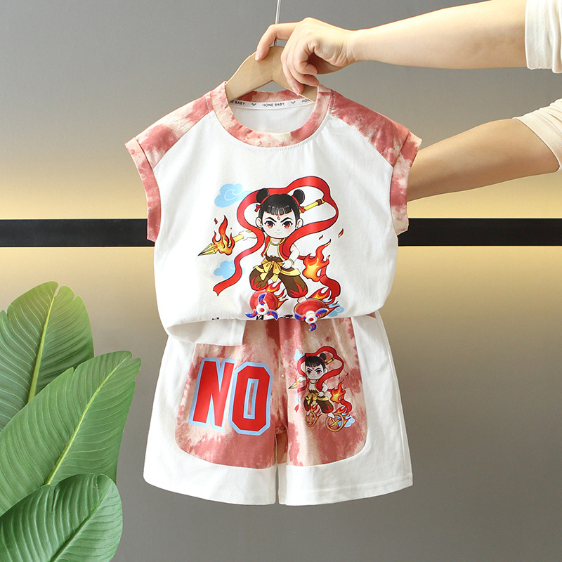 8102 Niño Nezha Traje de manga corta 2025 Nuevo verano para niños Red de celebridades de Internet Traje de dos piezas de moda Baby Fried Street Tide