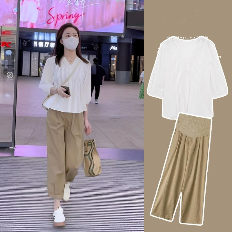 2025 Summer Sweet Outfits for Pregnant Women: Light Luxury Style, Age-Reducing Shirt, Loose Slimming Nine-Point Pants Two-Piece Set Trend