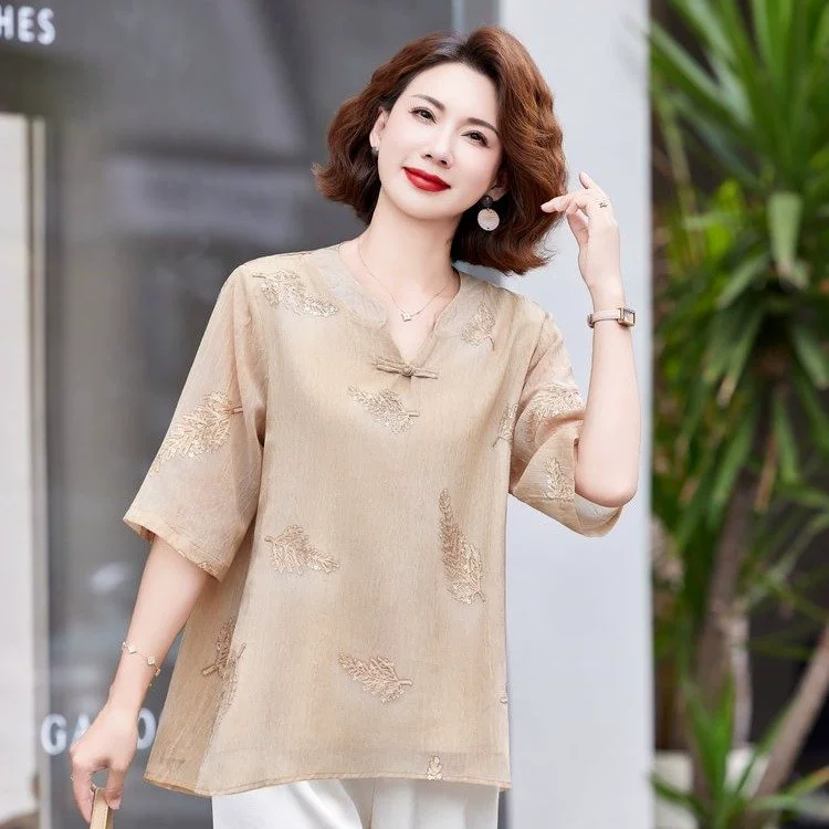 Летняя шифоновая рубашка в китайском стиле для мамы, новинка 2025 года, топ-футболка для женщин среднего и старшего возраста, скрывающая живот