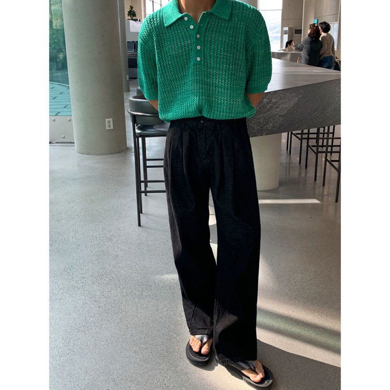 MYQ透かし彫り襟ニットtシャツ男性夏のゆるいデザイン感poloシャツ韓国版トレンド大衆半袖