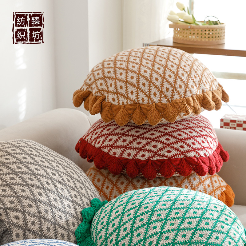 ins风全棉花边圆形针织抱枕靠垫枕头 家居软装配饰 拍照道具
