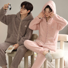 秋冬法兰绒情侣家居服套头连帽纯色睡衣加绒加厚保暖套装长袖厚款