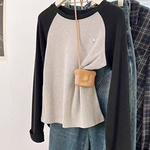 美式复古刺绣插肩袖长袖t恤女春秋设计感小众修身打底衫内搭上衣