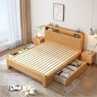 Solid Wood Bed 1.5 Rubber Wooden Bed Double Bed 1.8X 2m Master Bedroom Large Bed 1.2m Single Bed Factory Supply