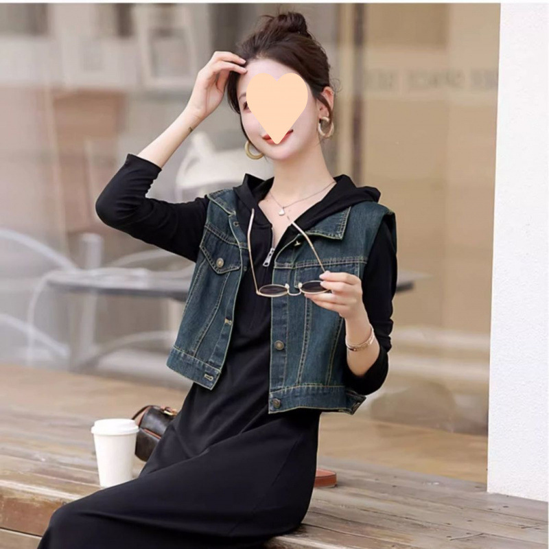 牛仔马甲配黑色连帽连衣裙女2025秋季新款休闲洋气时尚长裙两件套|undefined