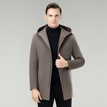 高档双面羊绒大衣男士中长款冬季休闲连帽连袖羽绒内胆羊毛呢外套