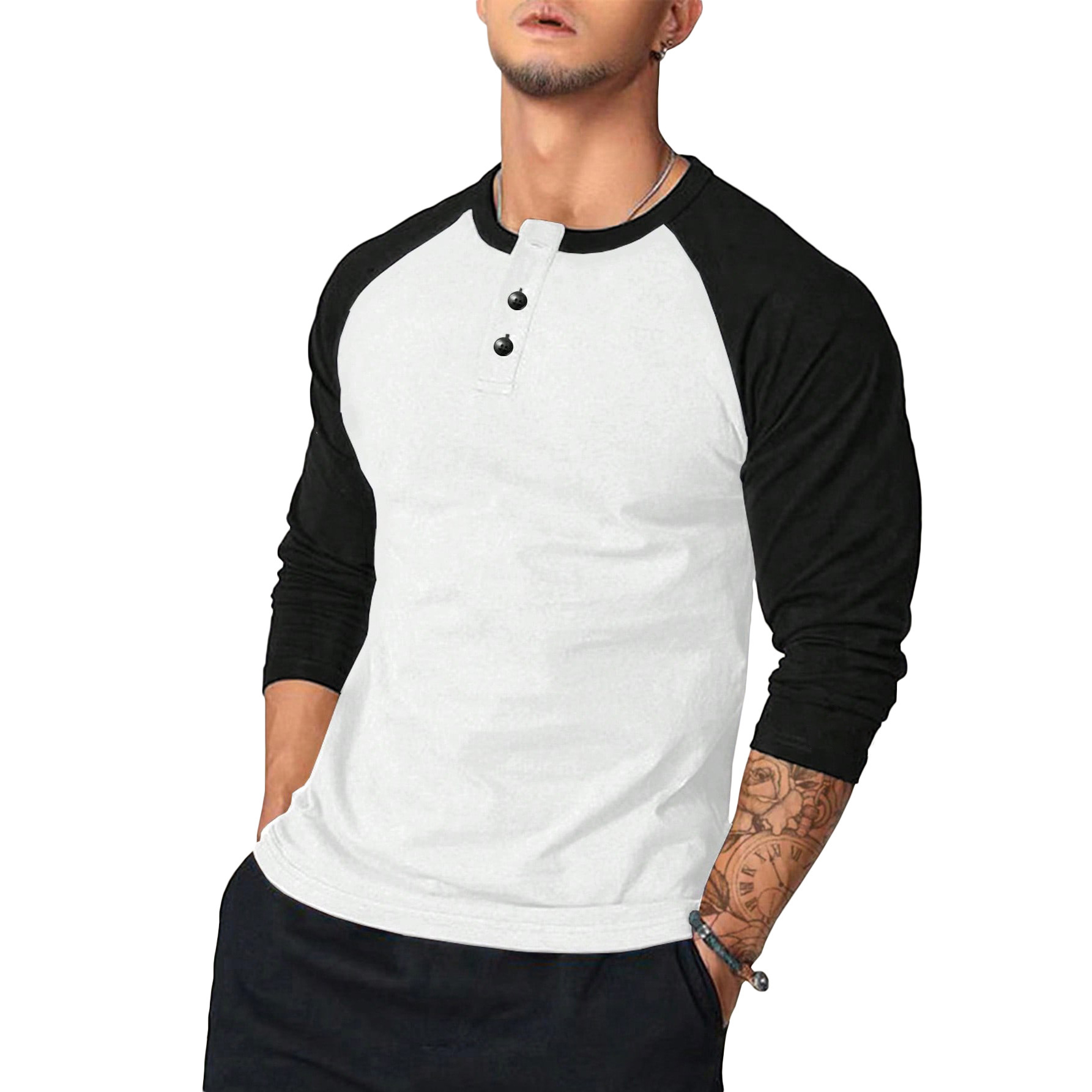 Monochrome Man- Ouma New Foreign Trade Slim Fit Round Neck Long Sleeve T-Shirt With Arm Color Blocking Personality European And American_voghion.com