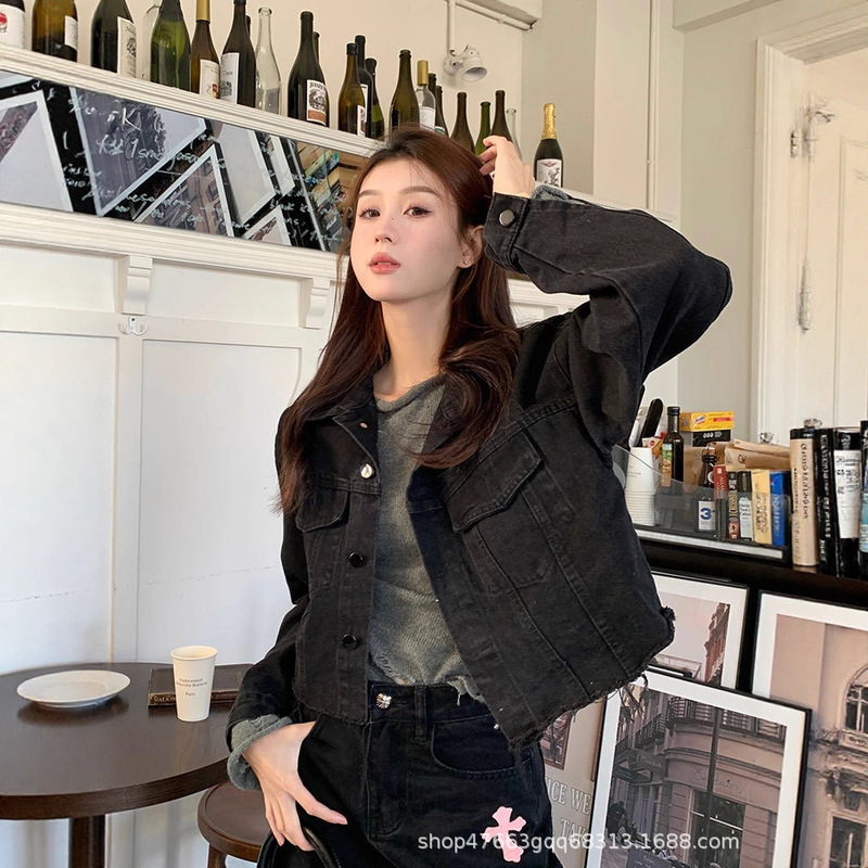 Retro Hong Kong Style Raw Edge Black Denim Jacket for Women Spring and Autum Korean Style Loose Slimming Look Versatile Short Jacket Top