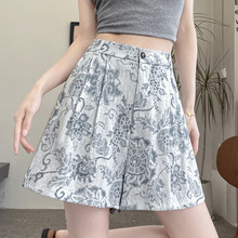 棉麻印花薄款短裤女夏季2025新款小个子高腰a字阔腿亚麻五分热裤