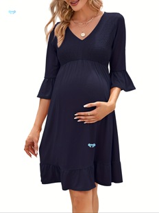Maternity Short Sleeve Ruffle Dress V Neck Summer Casual Cross-Border