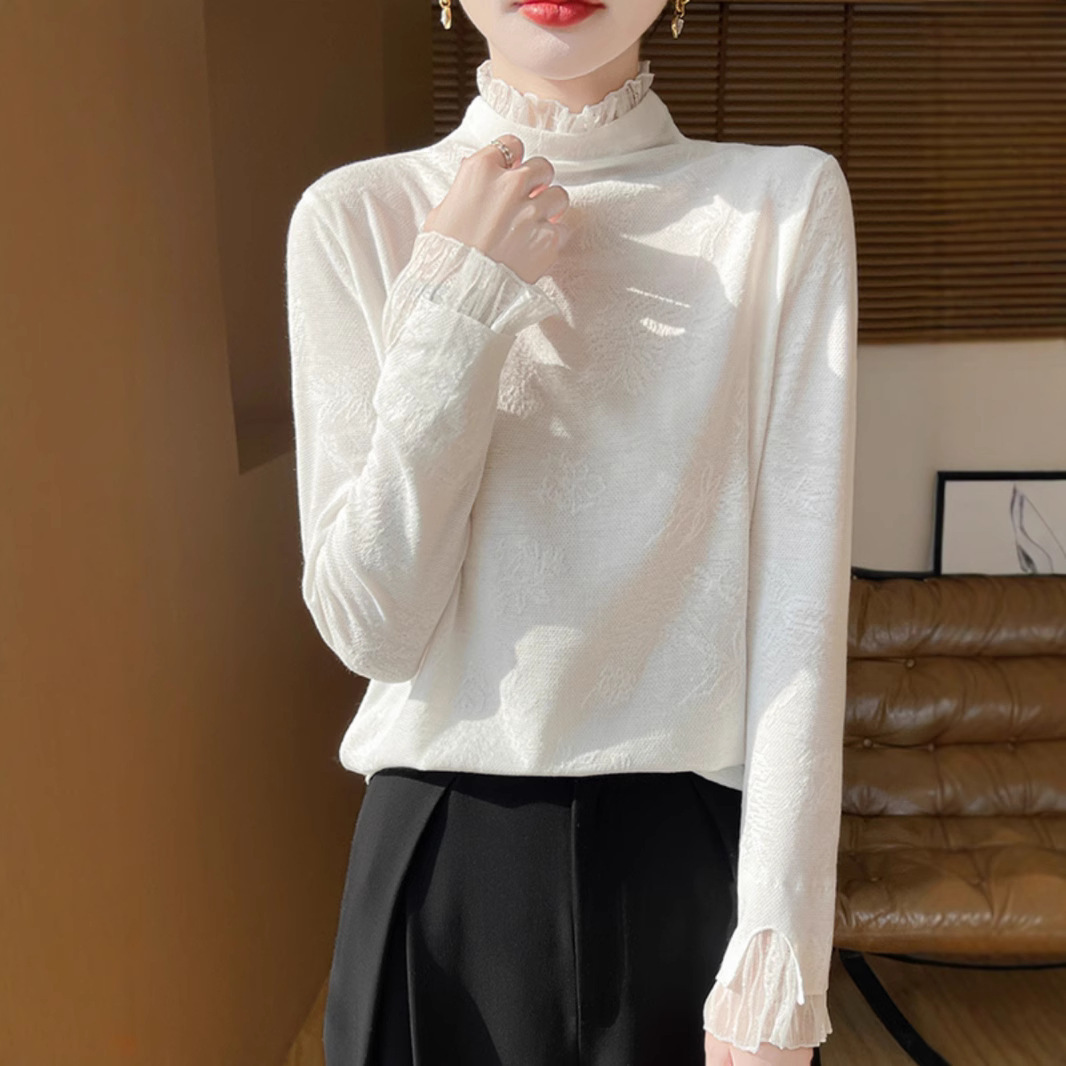 2025 Spring New Elegant Chanel Soft Waxy All-match Base Shirt Women's Half-high Collar Lace Sweater Top