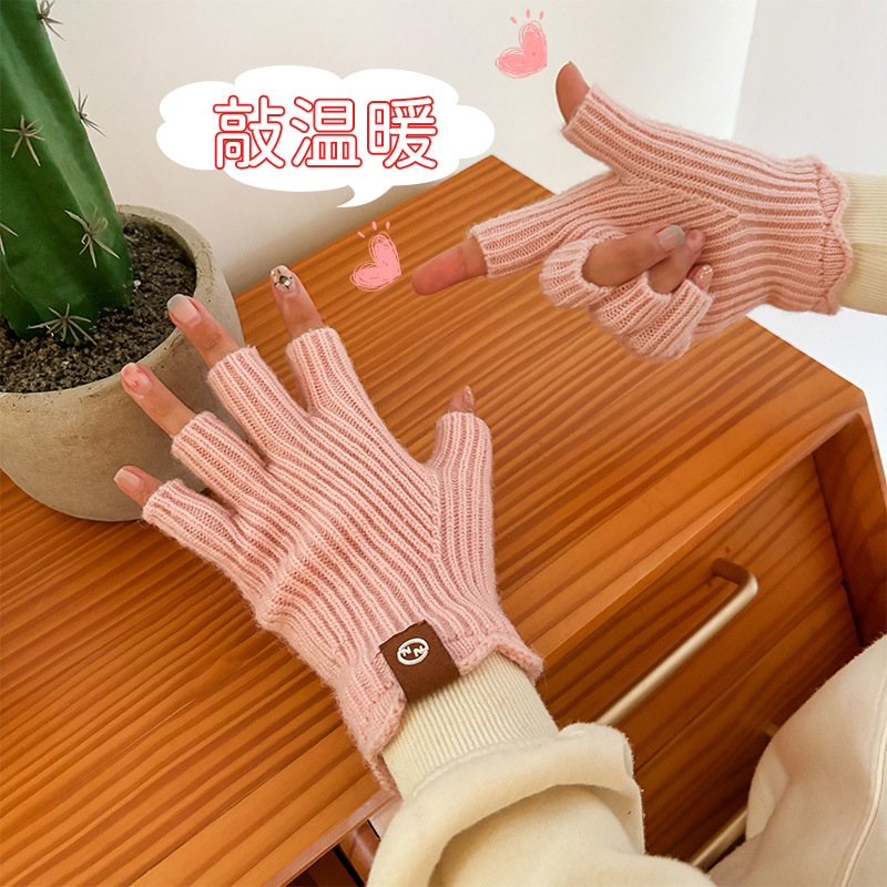 Touch Screen Solid Color Wool Knitted Gloves Korean Style Labeling Half-Finger Gloves Harajuku Winter Warm Gloves Women's Wool