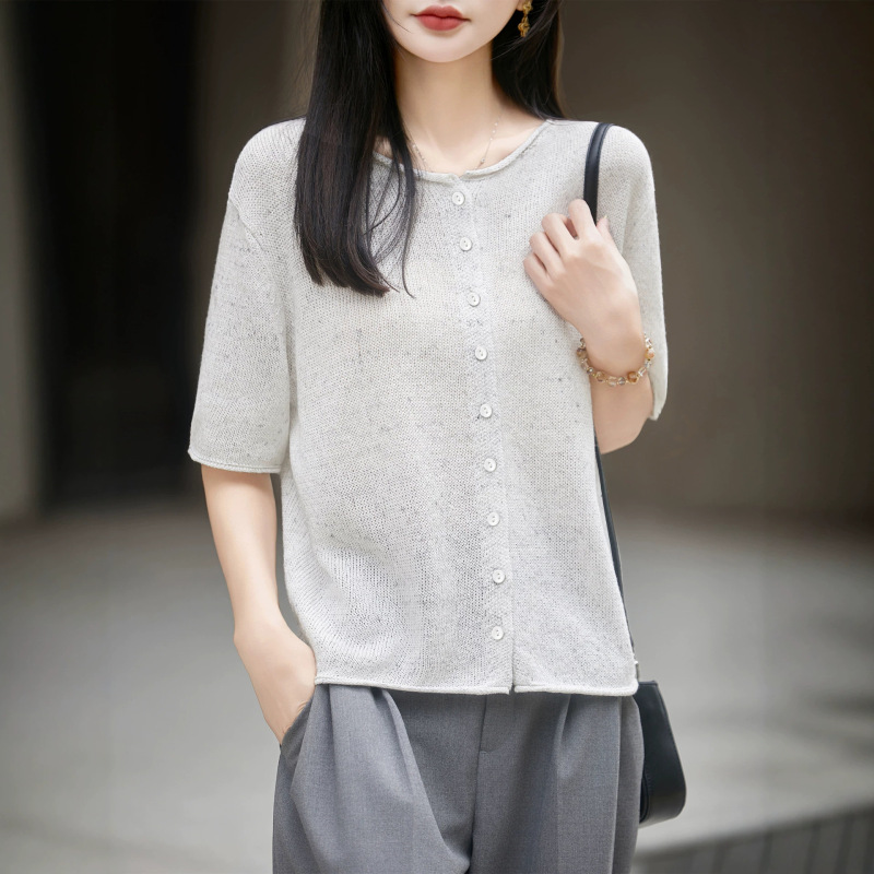 Women's Simple Single-Breasted Cardigan with Round Neck and Rolled Edges, Made of Washi Paper Yarn, Versatile and Stylish