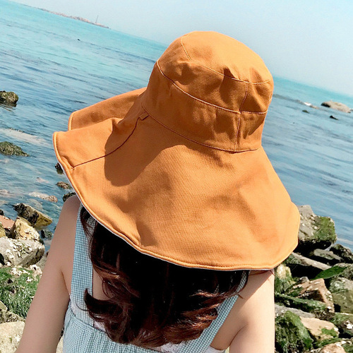 Women's summer solid color, large eaves, double-sided fisherman's hat, all-matching outdoor sunshade hat, foldable travel, sun-protection hat, trendy