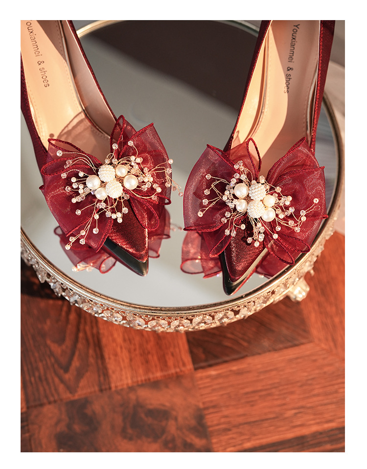 6222A-008 Chunky Heel Pointed Toe Satin Appliqué High Heels For Banquet Wedding Bridesmaid Shoes Comfortable Versatile_voghion.com