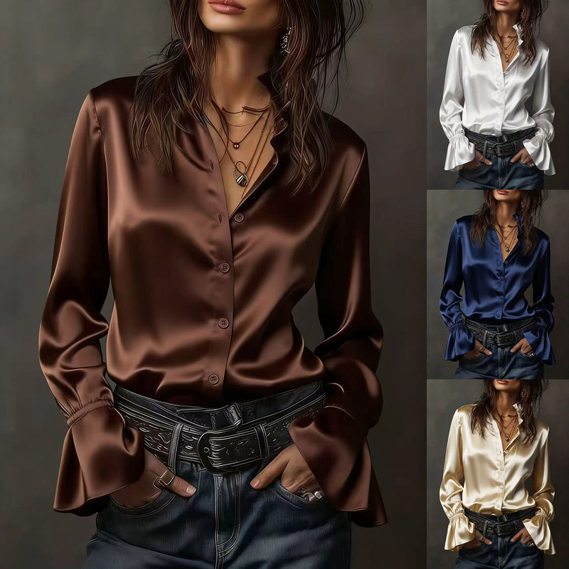 2026 New Spring Amazon Aliexpress Elegant and Stylish Solid Color Satin Long-Sleeve Shirt for Women