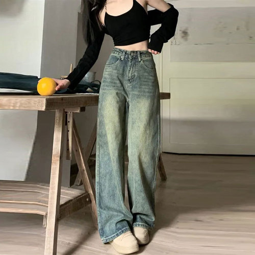 Women's Spring Autumn Straight Leg Jeans for Outerwear Pear Shape Casual Retro Vintage Floor-Length Loose American Wide Leg Pants