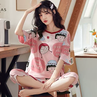 樱桃小丸子睡衣女夏天短袖七分裤甜美ins风可爱卡通家居服套装薄