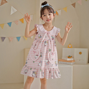 2025 New Hello Kitty Plaid Summer Cloud Cotton Children's Pajamas Girls Sleeveless Nightgown Medium and Large Children's Home Skirt