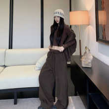 慵懒风运动套装咖色拉链卫衣外套女内搭T恤秋季抽绳休闲裤三件套