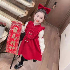 高级感重工女宝套装裙2023秋冬保暖时髦打底衫灯芯绒背心连衣裙潮