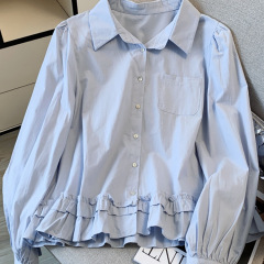 自留款推荐~2025春秋款冰岛蓝长袖衬衫女翻领宽松边拼接衬衣