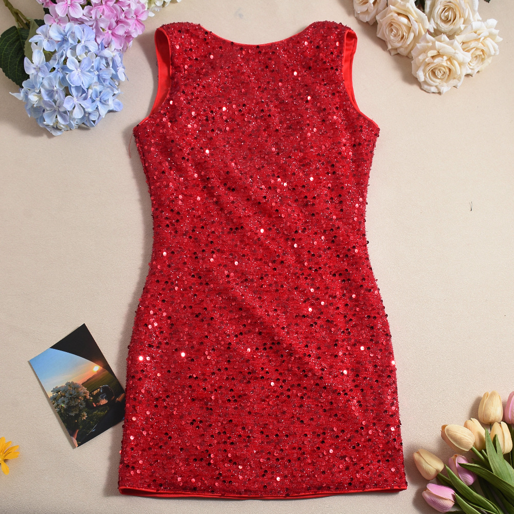 Women Clothing Spring Sequined Sleeveless Backless Sexy Dress