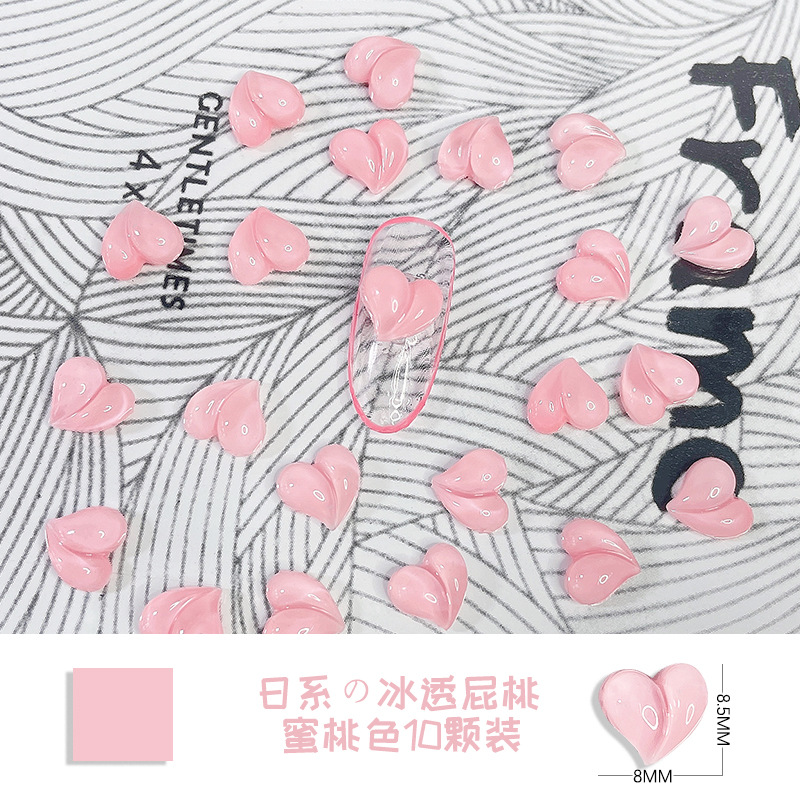 Arte de uñas melocotón corazón 10 unidades nuevo amor Aurora magia color tridimensional plano pequeño tamaño pedo melocotón uñas joyería